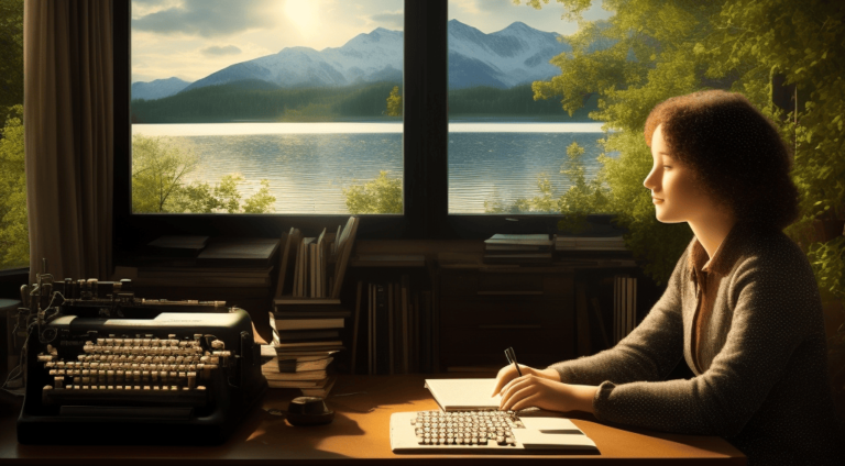 A woman working at a desk next to a window looking out on a mountain and lake