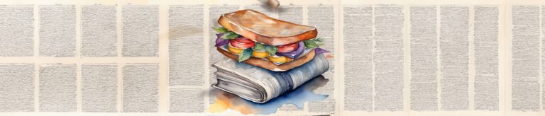 A sandwich on a folded newspaper on a large page of text